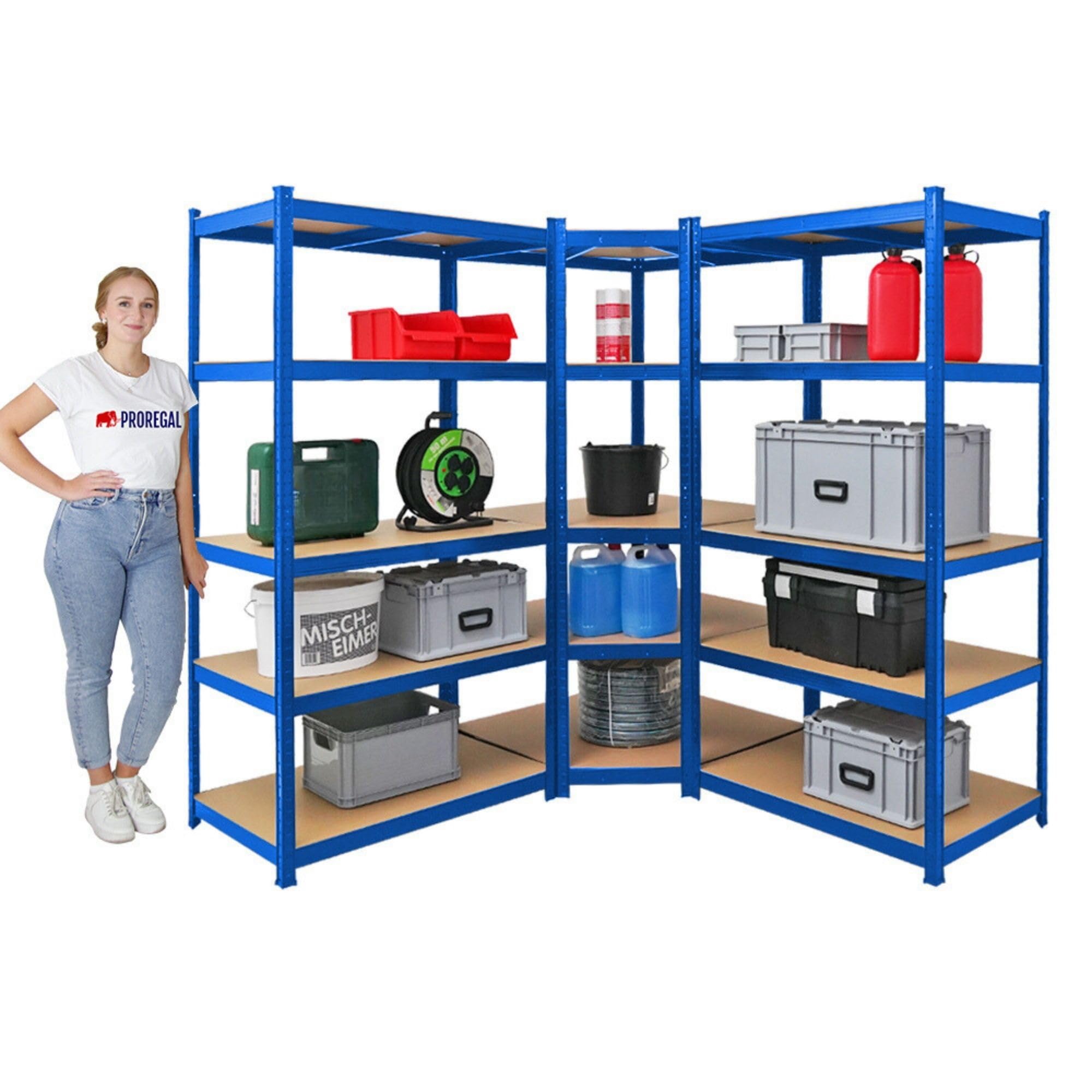 PROREGAL Mega Deal Eckregal Ragnar 1x: 180x90x60cm | Taurus 2X: 180x90x60cm Blau Fachlast 175kg, Kellerregal, Steckregal, Garagenregal, Lagerregal