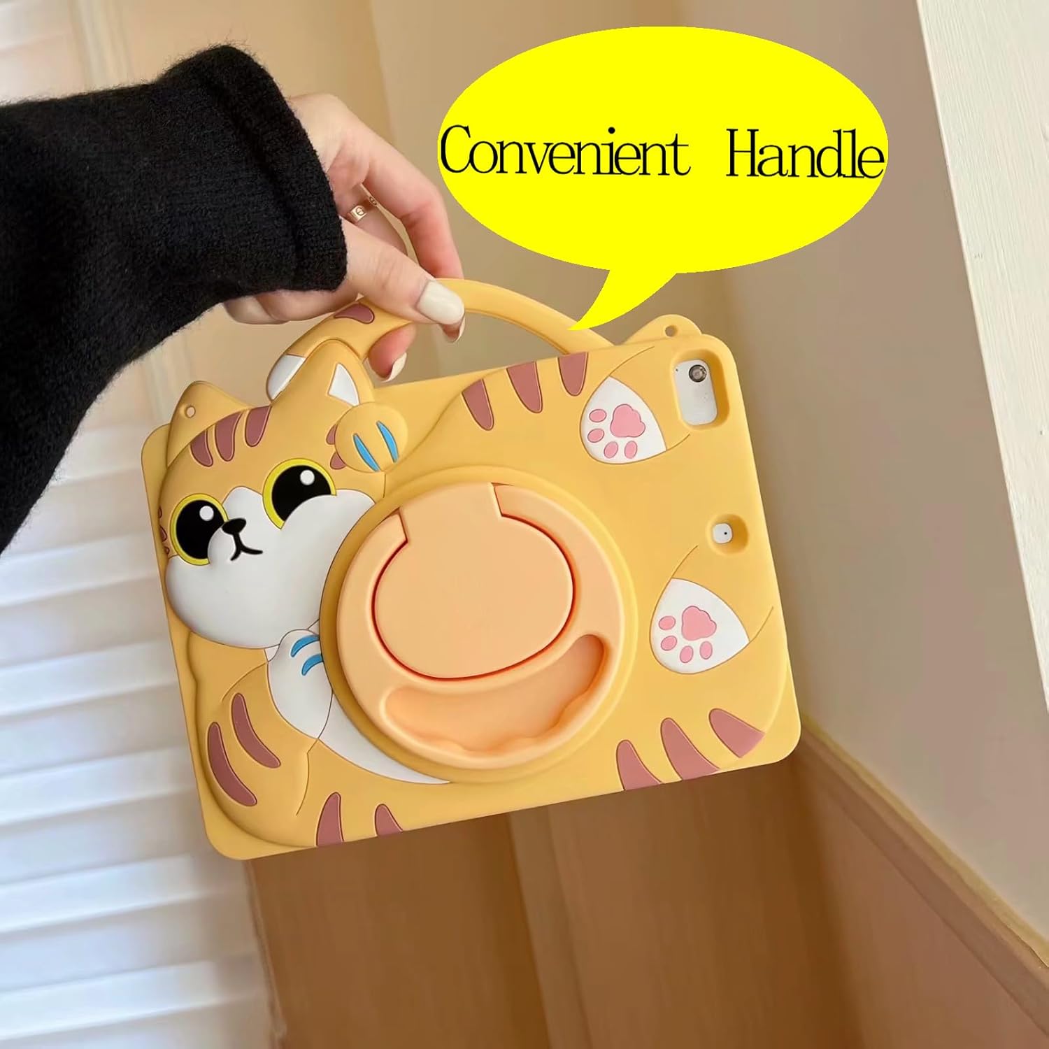 3D Cute Vivid Cat Case for iPad 10th Generation (2022) 10.9 inch/iPad (A16) 11th 2025 11 inch,Cartoon Character Pretty Cat Soft Silicone Rotating Stand Case with Lanyard for Kids Teens Girls Women