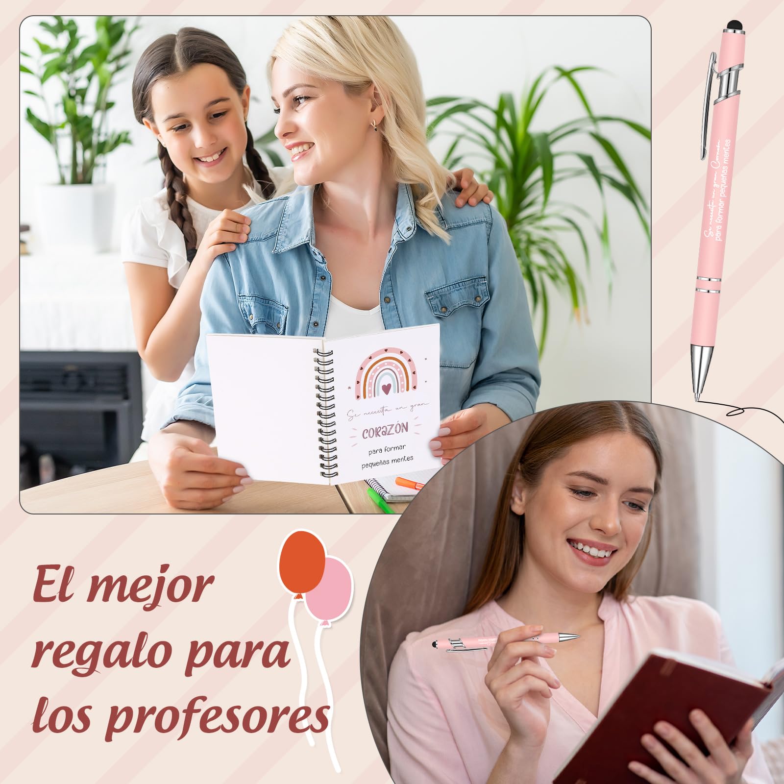 Sinmoe 3 Regalos de Agradecimiento para Maestra Profesora Cuaderno en Espiral Bolígrafo Retráctil y Llavero para Fin de Curso Despedida Cumpleaños Graduación Jubilación(Arcoíris,Blanco)