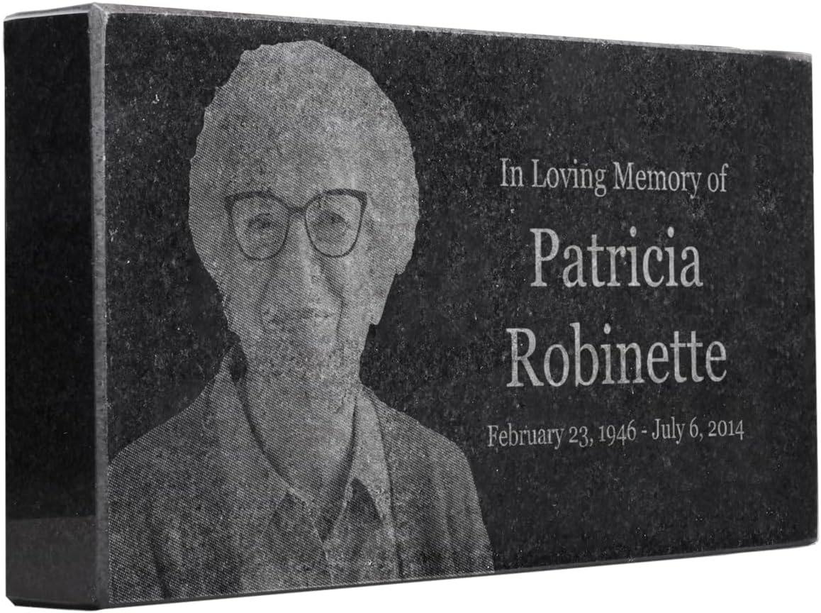 Black Granite Memorial Headstone for Lost Loved Ones, Dogs, Cats, and Family Pets. " Great for Your Garden, Tree Dedication, or in a Cemetery. Includes your personal text and photo (8 x 4 x 1")