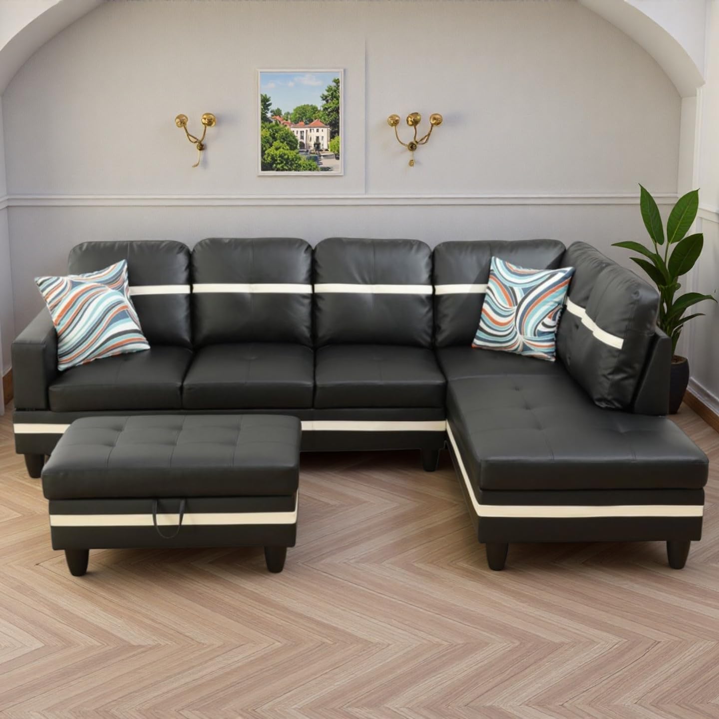 NicBex Sectional Couch 3 Pieces Sofa Set, L-Shaped Modular Couches for Living Room, Furniture Sets with Lounge Chaise & Storage Ottoman, Multi-Scene Use for Apartment & Office, Black+White