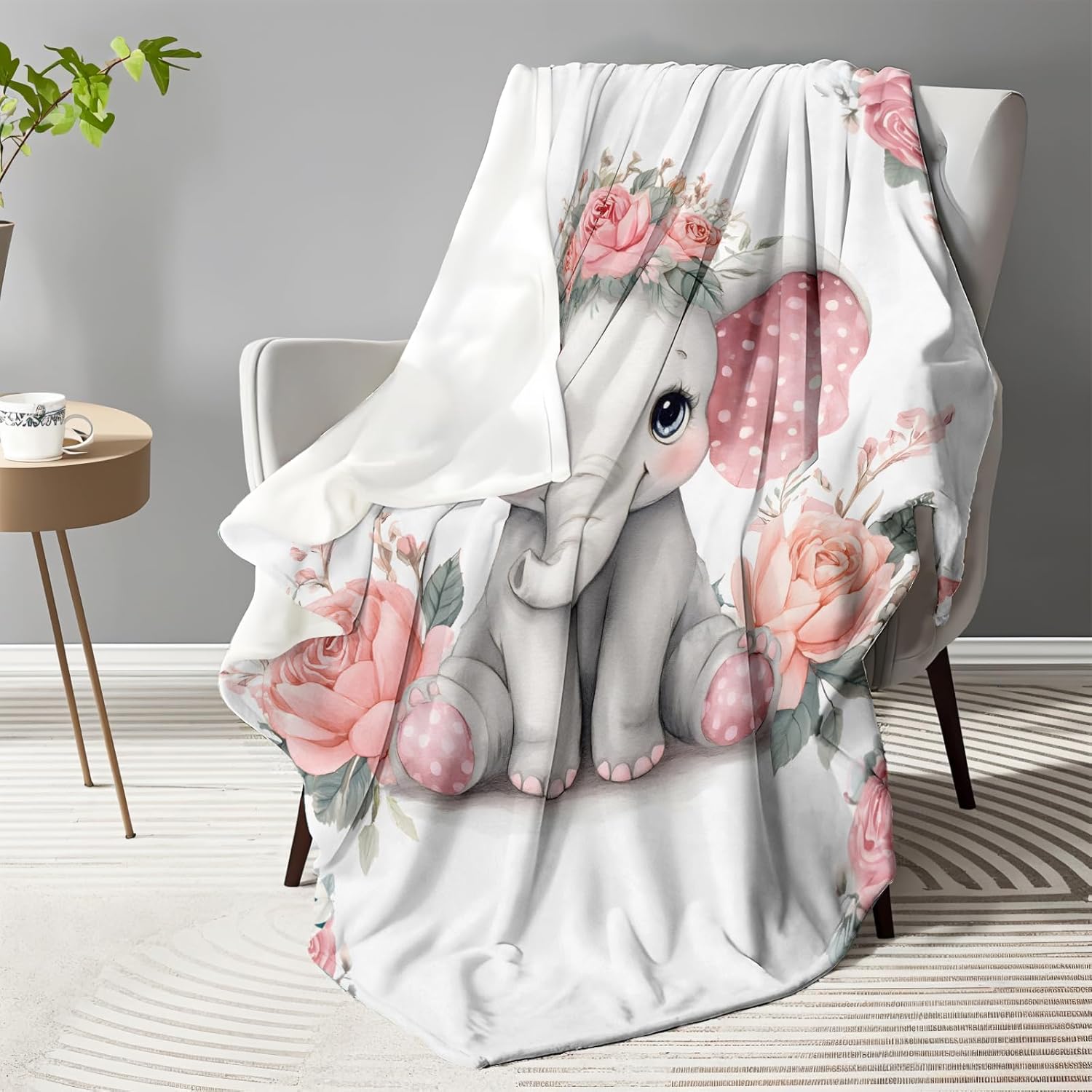 Cute Elephant Floral Flannel Blanket,Warm and Lightweight Blankets with Wildlife and Pink Flower,Ideal Gifts for Girls Teens Women Animal Lovers,Decorative Throw for Bed,Couch,Cabin(50"x60")