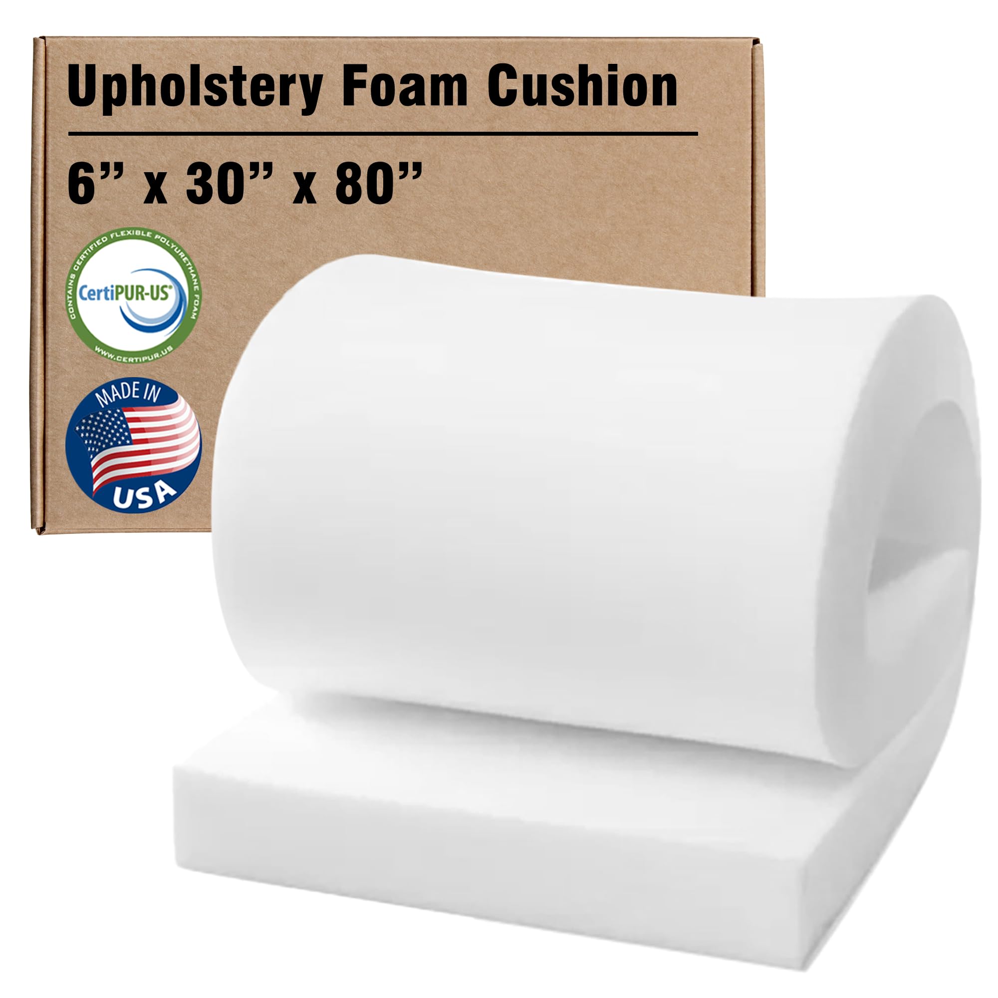 RaceCityFoam Upholstery Foam Cushion 6" T x 30" W x 80" L (Semi Firm) 36ILD Upholstery Foam Cushion High Density CertiPUR-US Certified, Made in USA