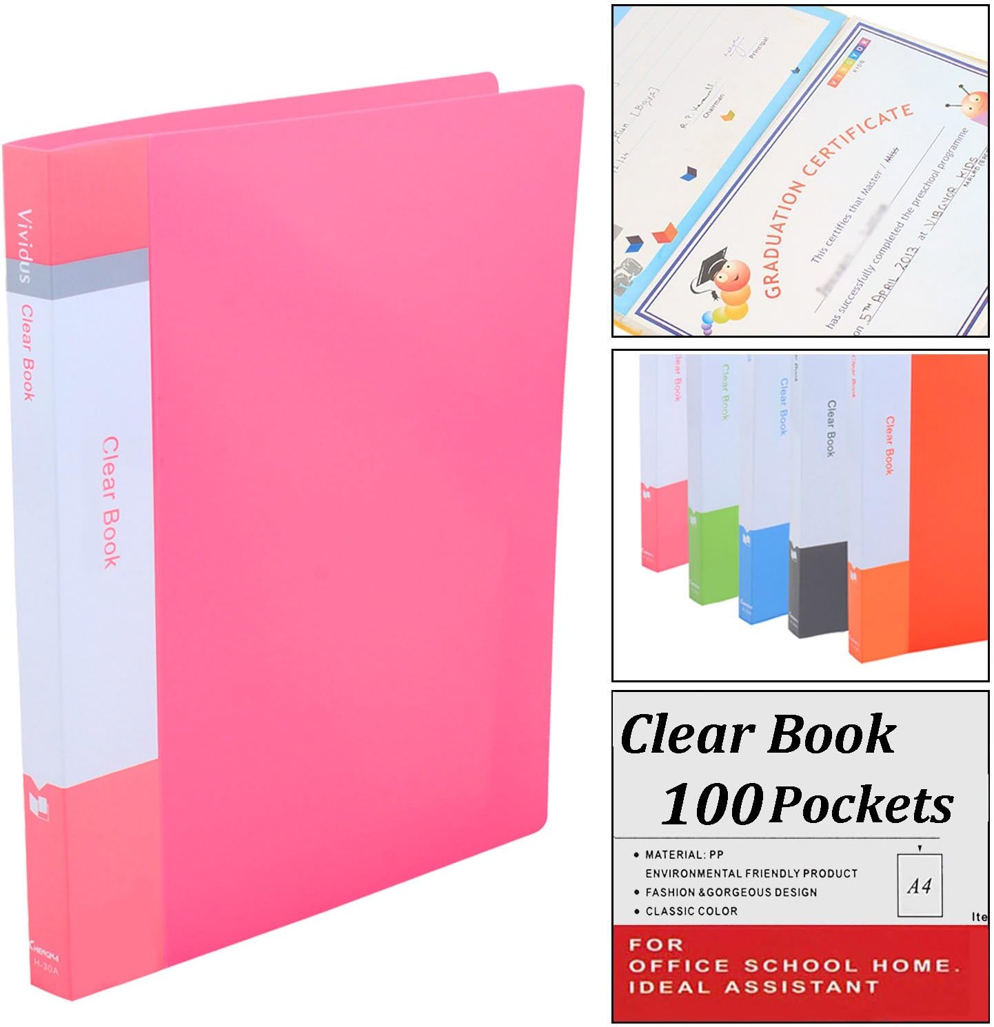 TREELY Clear Book Plastic File Folder Display Presentation Book, 100 Pocket, A4 Size, Pink