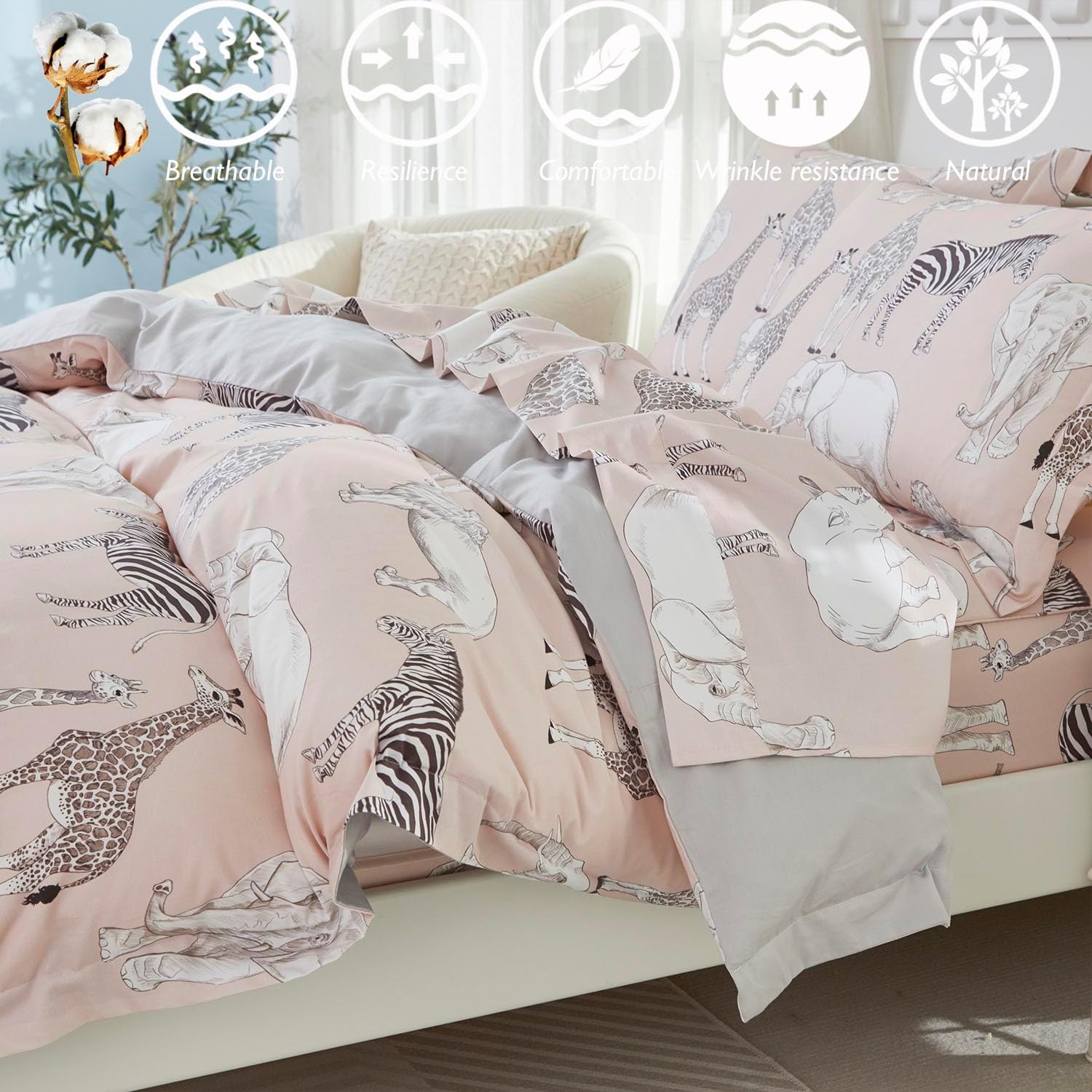 Brandream Duvet Cover Queen Size 100% Percale Cotton 3pcs Girl Boys Girls Bedding Duvet Cover Shams Set, Delicate Ruffle Fringe Soft Breathable (Blush Jungle Safari Animals)