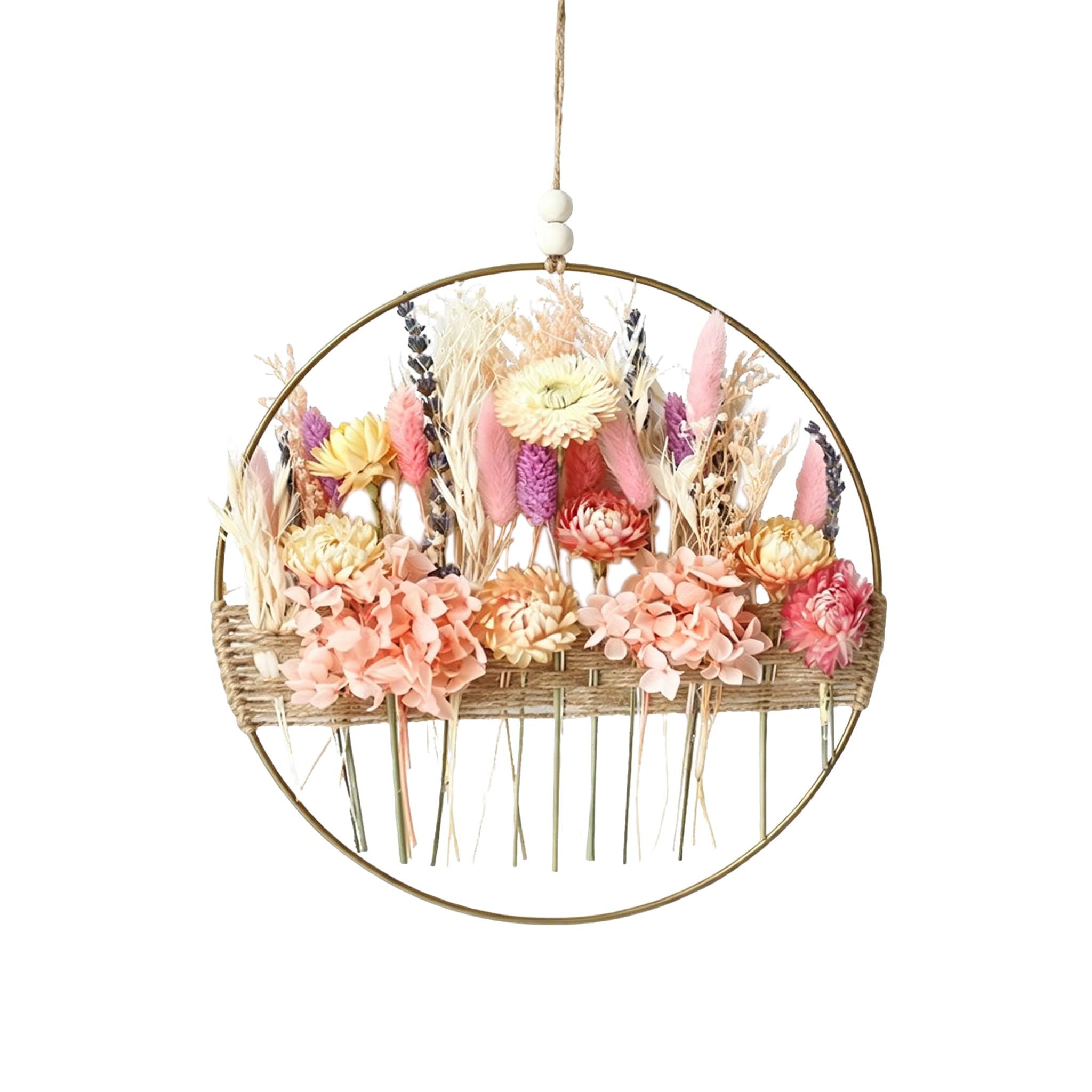 Türkranz Herbst Frühling Sommer Deko Trockenblumenkranz Mit Metallring und Hanfseil, Boho Wanddekoration, Natürliche Getrocknete Blumen, Romantisches Design (E)