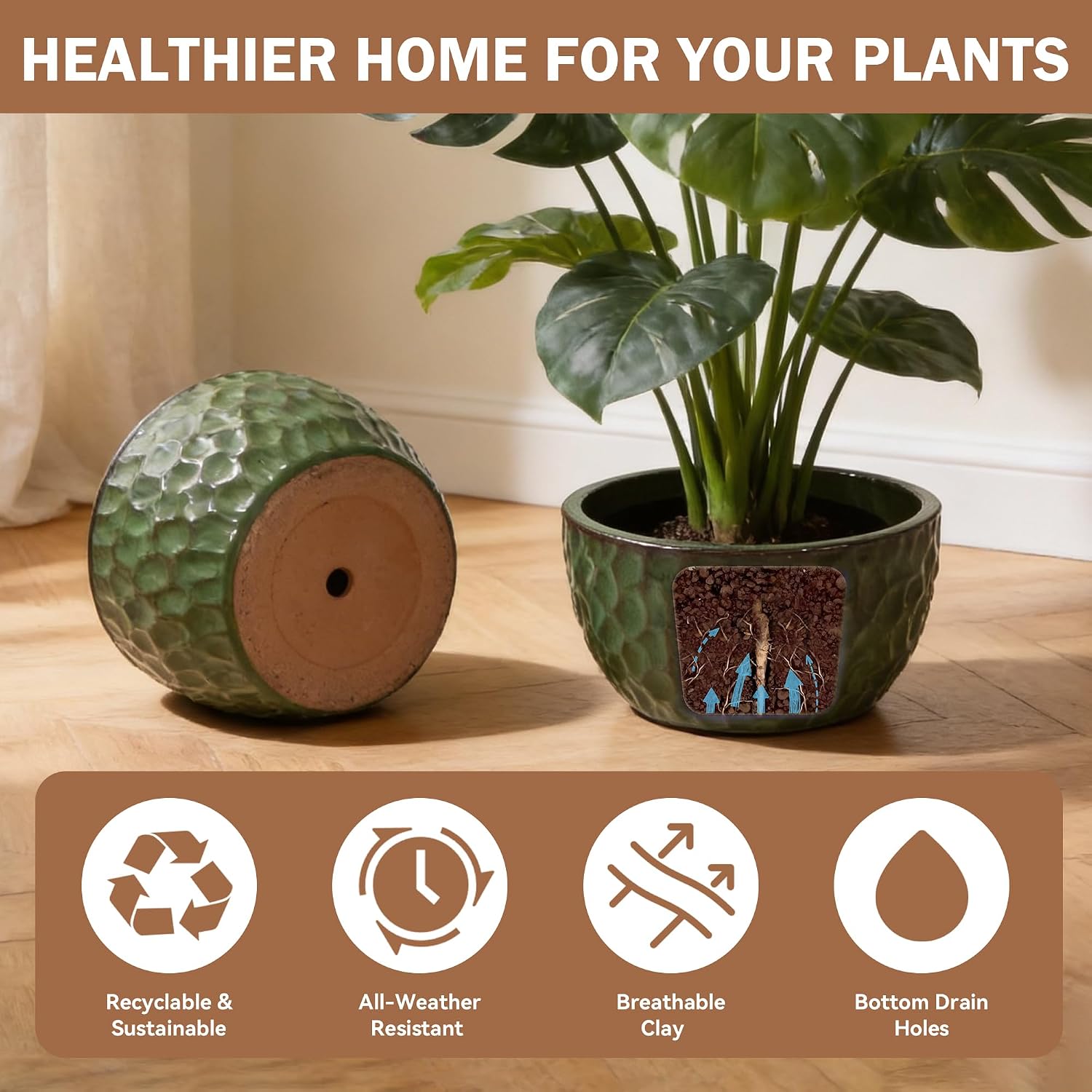 Ceramic Planters Set of 3, 15/12/10 Inch Indoor & Outdoor Flower Pots with Drainage Hole, Decorative Plant Pots with Hammered Texture for Indoor Plants, Patio, Home & Garden Decor, Antique Green