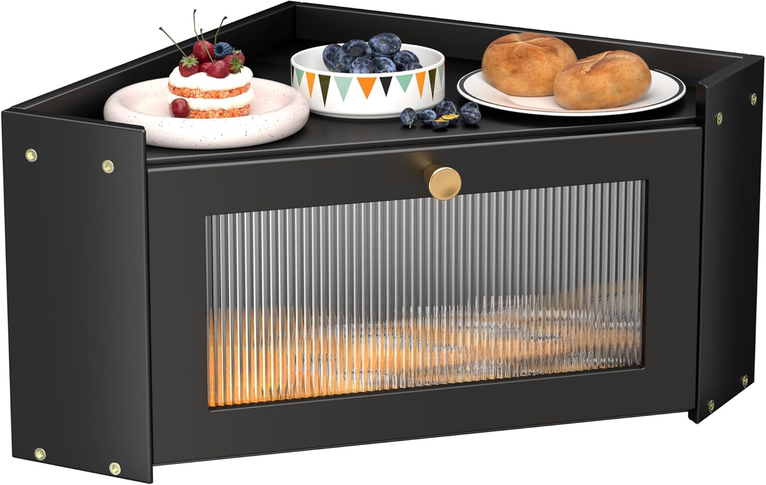 Corner Bread Box for Kitchen Countertop, Vintage Wooden Counter Organizer, Bamboo Bread Storage Bin for Homemade Bread, Small Farmhouse Corner Breadbox Container with Acrylic Window