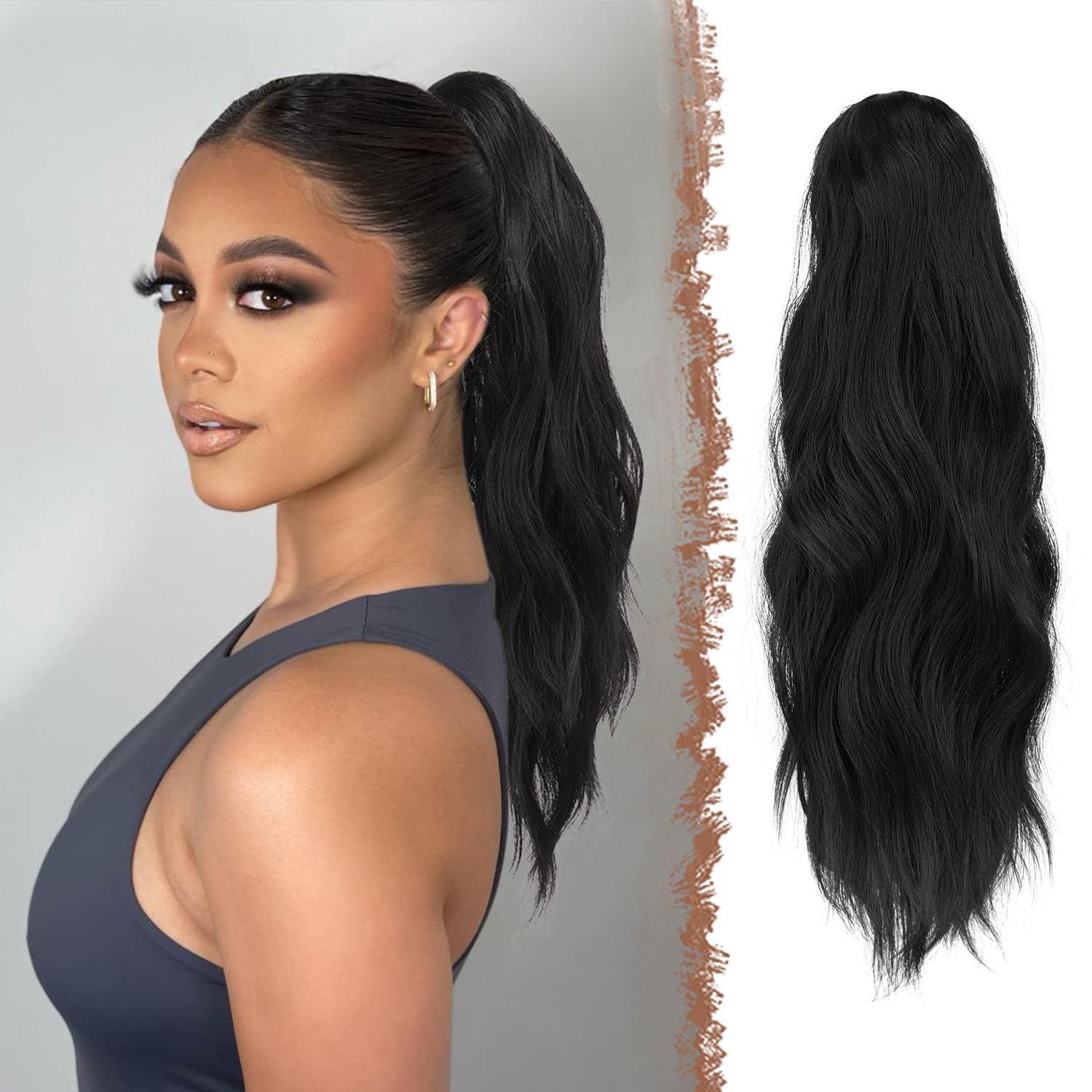 FESHFEN Falowany Przedłużenia Włosów z Pazurem - Długie Koński Ogon Clip in Przedłużania Kucyka Naturalny Wygląd Syntetyczne Włosy Kucyk Ponytail Extension dla Kobiet, 50 cm Zgaszona Czerń