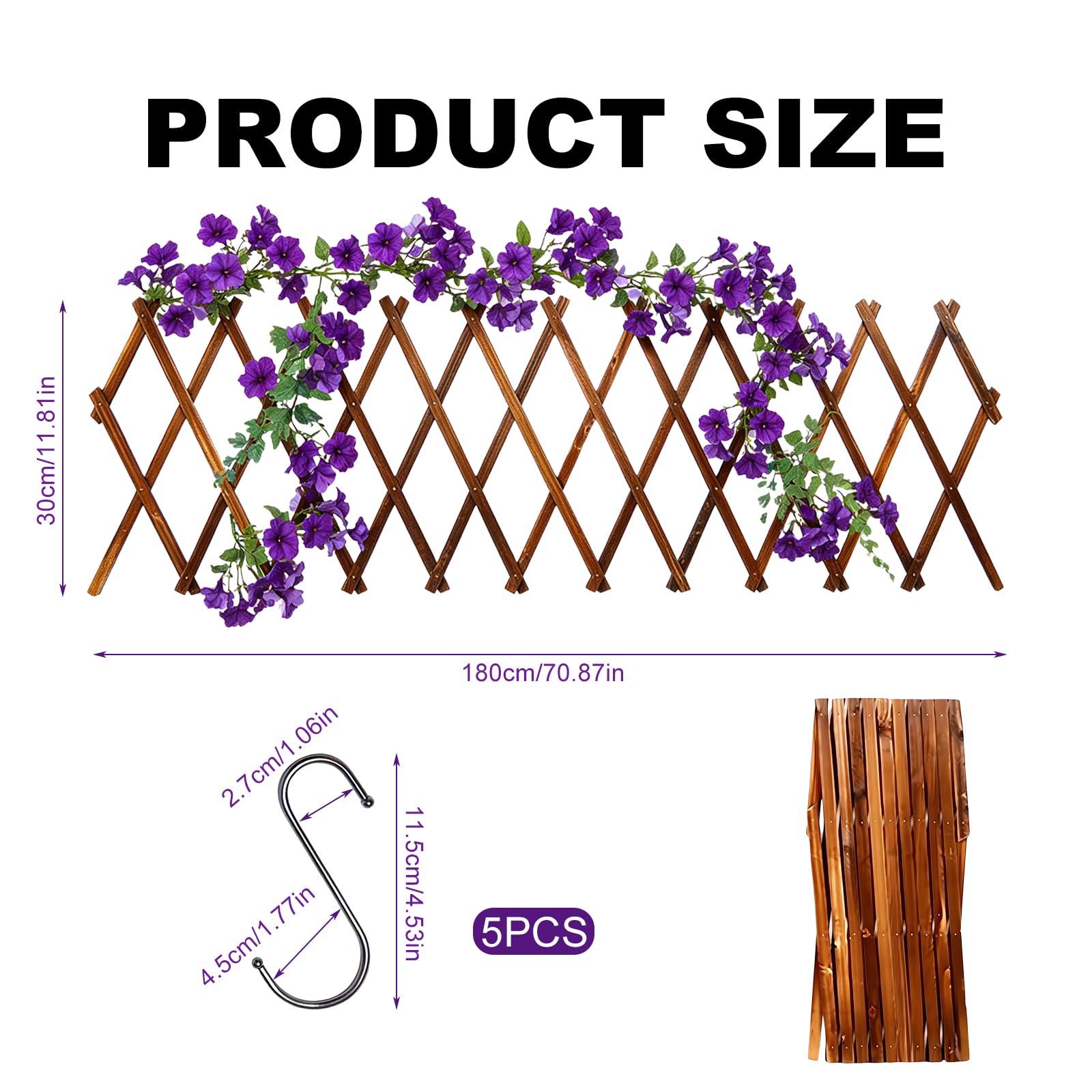 Enrejado extensible para plantas, 180 x 30 cm, rejilla de madera con 5 ganchos, enrejado vertical para plantas trepadoras, decoración de pared, soporte de madera para habitaciones, jardín, terraza