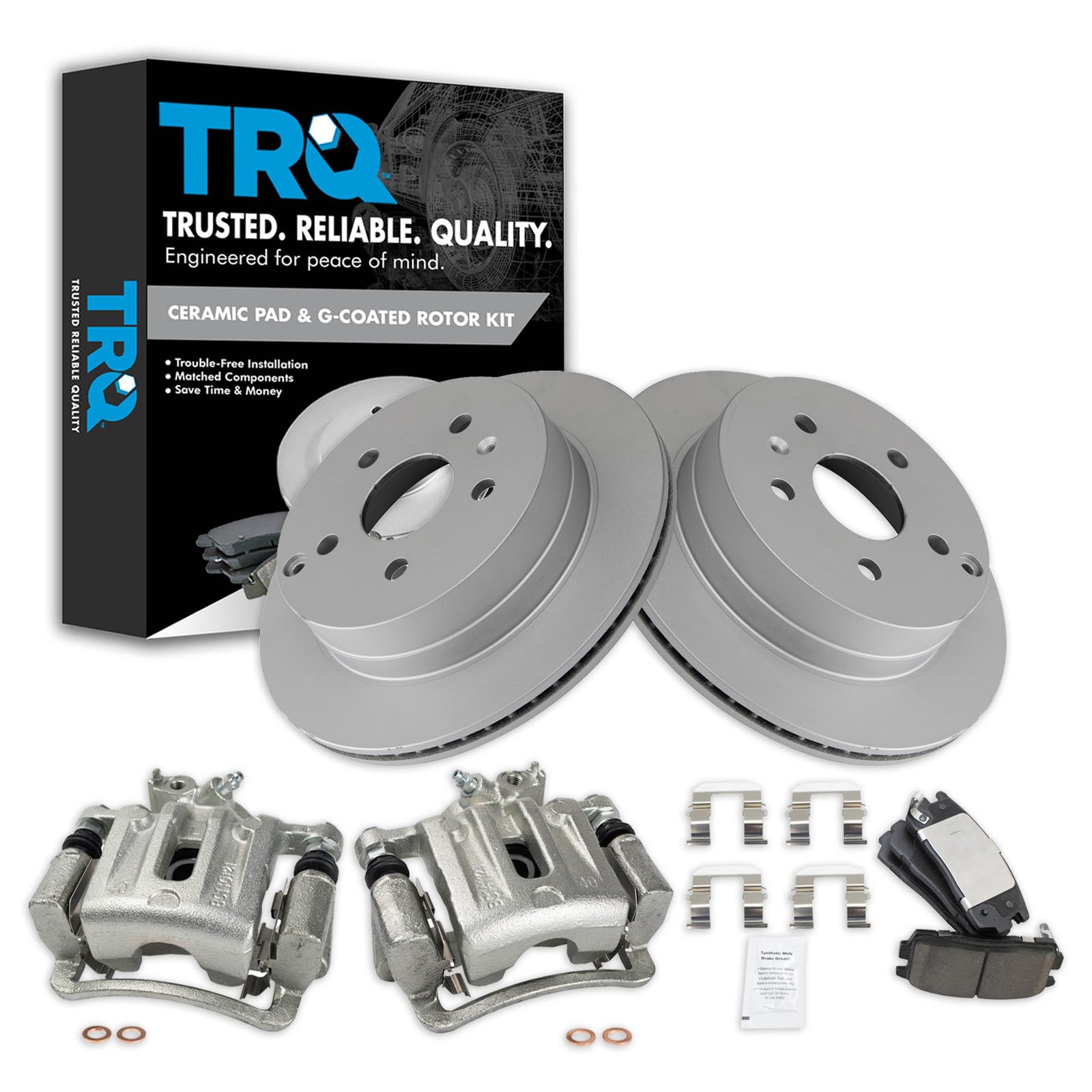 TRQ Rear Brake Pad and Rotor Set Ceramic Vented G Coated Rotors Calipers