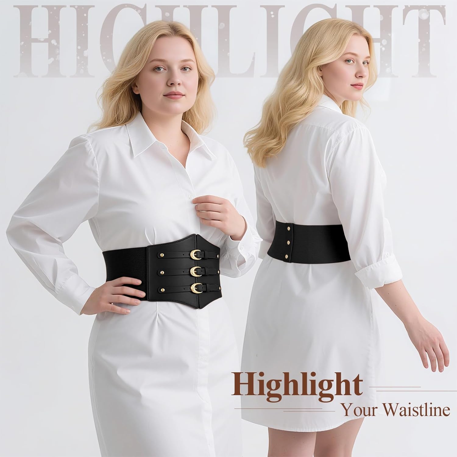 Women Corset Belt Wide Stretchy Waspie Elastic Waist Belt with Gold Buckle for Daily Cosplay Halloween Costume - Image 2