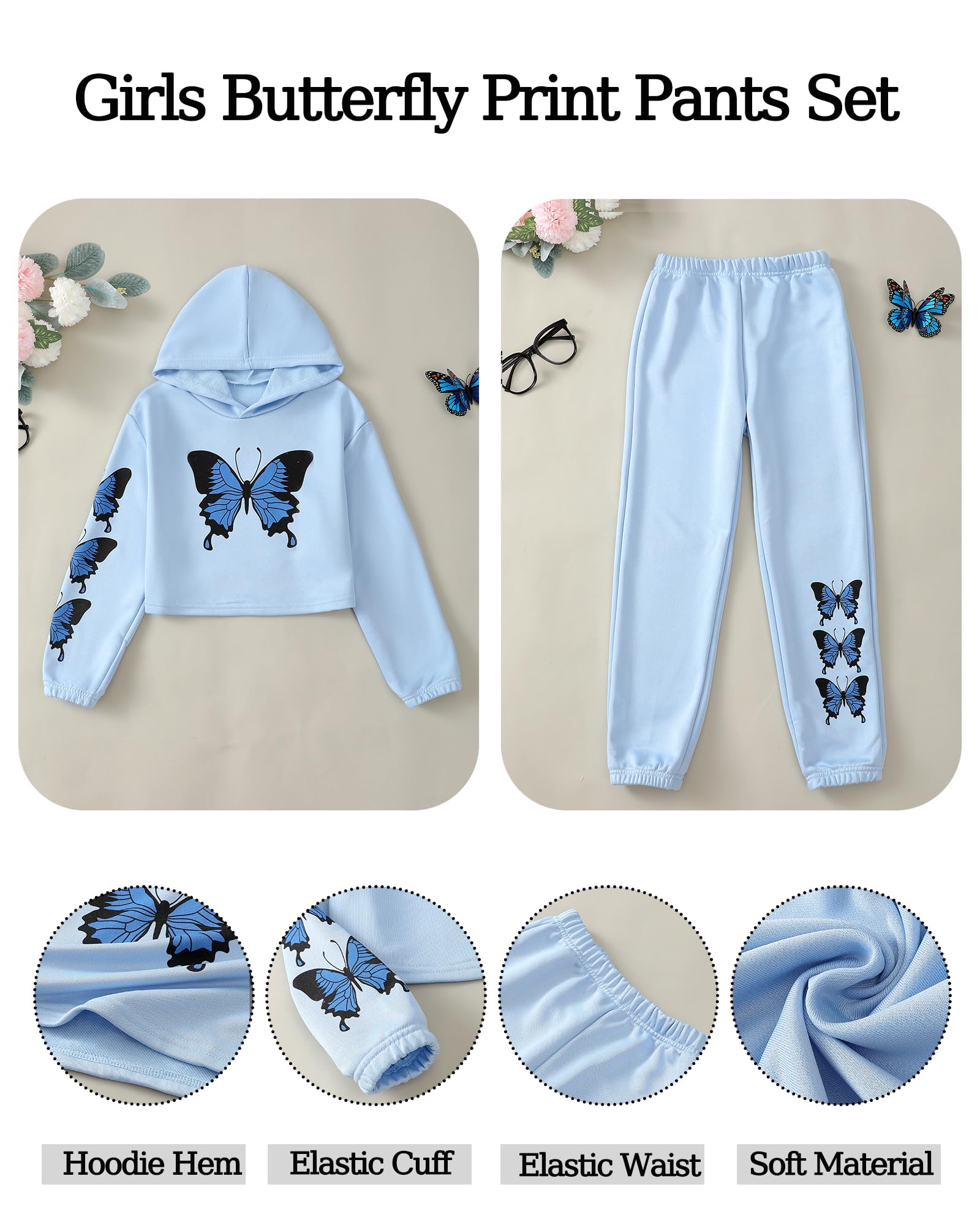YOURUIKEY Conjunto de ropa para niña, con estampado de mariposa, sudadera con capucha y pantalones deportivos, conjunto de 2 piezas para niños
