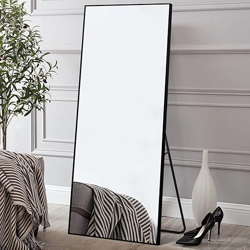 MIRUO Full Length Mirror, 64" x 21" Aluminum Alloy Frame Floor Mirror with Stand, Large Bedroom Mirror, Free Standing or Wall Mounted or Leaning Against Wall, Black - 64"L x 21"W - Black