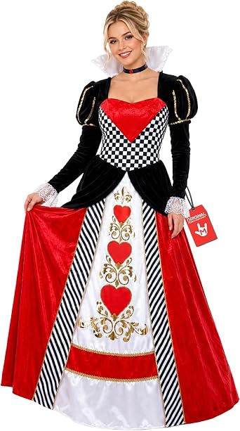 fun shack, Queen Of Hearts Costume Women, Halloween Costumes for Women | High Collar, Bold Heart Motifs Included, Perfect for Halloween, Great for Dress-Up
