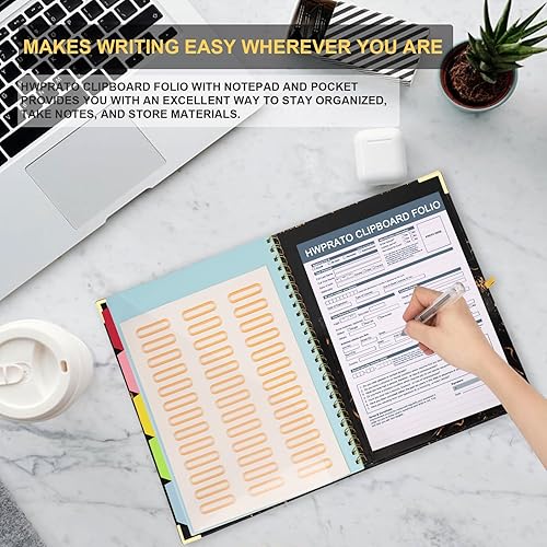 Miniatura 6 de HWPRATO Portapapeles en espiral, tamaño carta, folio, 5 divisores con 10 bolsillos, organizador en espiral con portapapapeles y bloc de notas