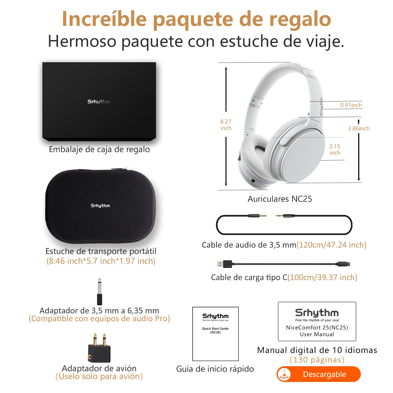 Srhythm NC25 Auriculares Estéreo con Cancelación Activa de Ruido (ANC), Bluetooth 5.3, Circumaurales, con Alta Fidelidad, Micrófono, 50H, Asistente de Voz, Modo Juego de Baja Latencia