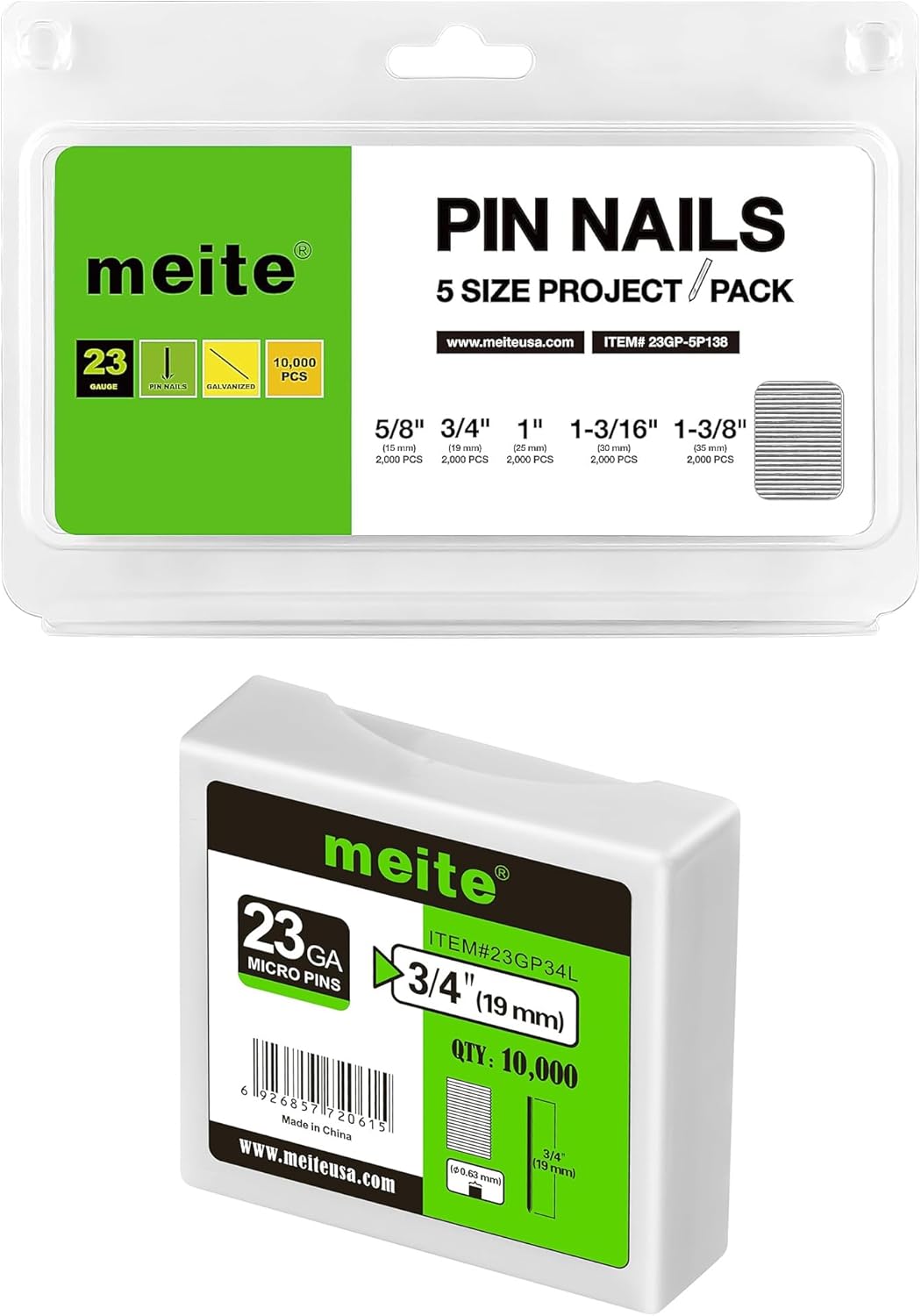 meite 3/4" Galvanized 23 Gauge Pin Nails - 10000 Counts and Assorted 5 Sizes (5/8", 3/4", 1", 1-3/16", 1-3/8") Galvanized Pin Nails - 10000 Counts
