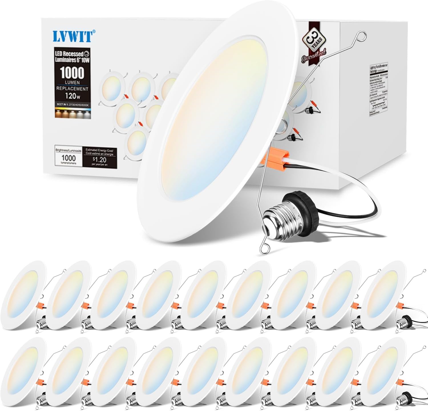 LVWIT 6 inch LED Recessed Lighting, Slim Can Lights with White Cover, 5CCT Color Selectable, Dimmable Downlight with E26 Conversion Kit, 18 Pack