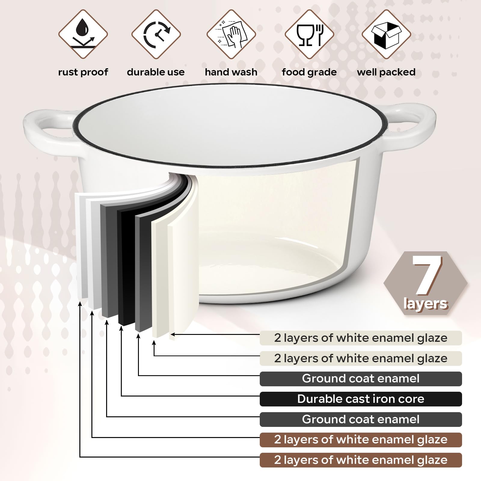 HaSteeL Horno holandés de hierro fundido de 6 cuartos de galón, olla antiadherente esmaltada con tapa, utensilios de cocina redondos antiadherentes para hornear pan de masa madre, asar, estofar,