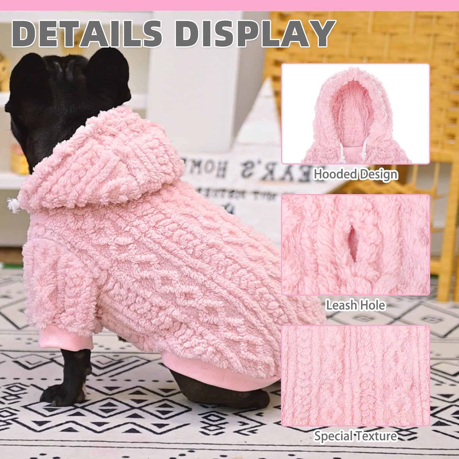 Fuzzy Dog Sweater Hoodie for Small Medium Large Dogs, Soft Fleece Pet Clothes Sweatshirt with Leash Hole, Warm Winter Dog Sherpa Jacket Snuggie Cold Weather Coat for Puppy Cats Girl, Pink L