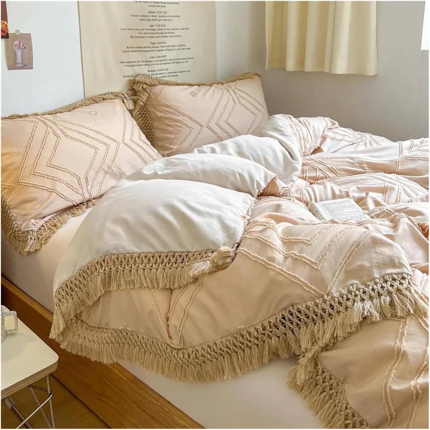 Soft Cotton Textured Duvet Cover Set with Tassel Fringe Boho Chic Bedding Sets Twin Queen Comforter Cover Bed Sheet Pillowcases,Bed