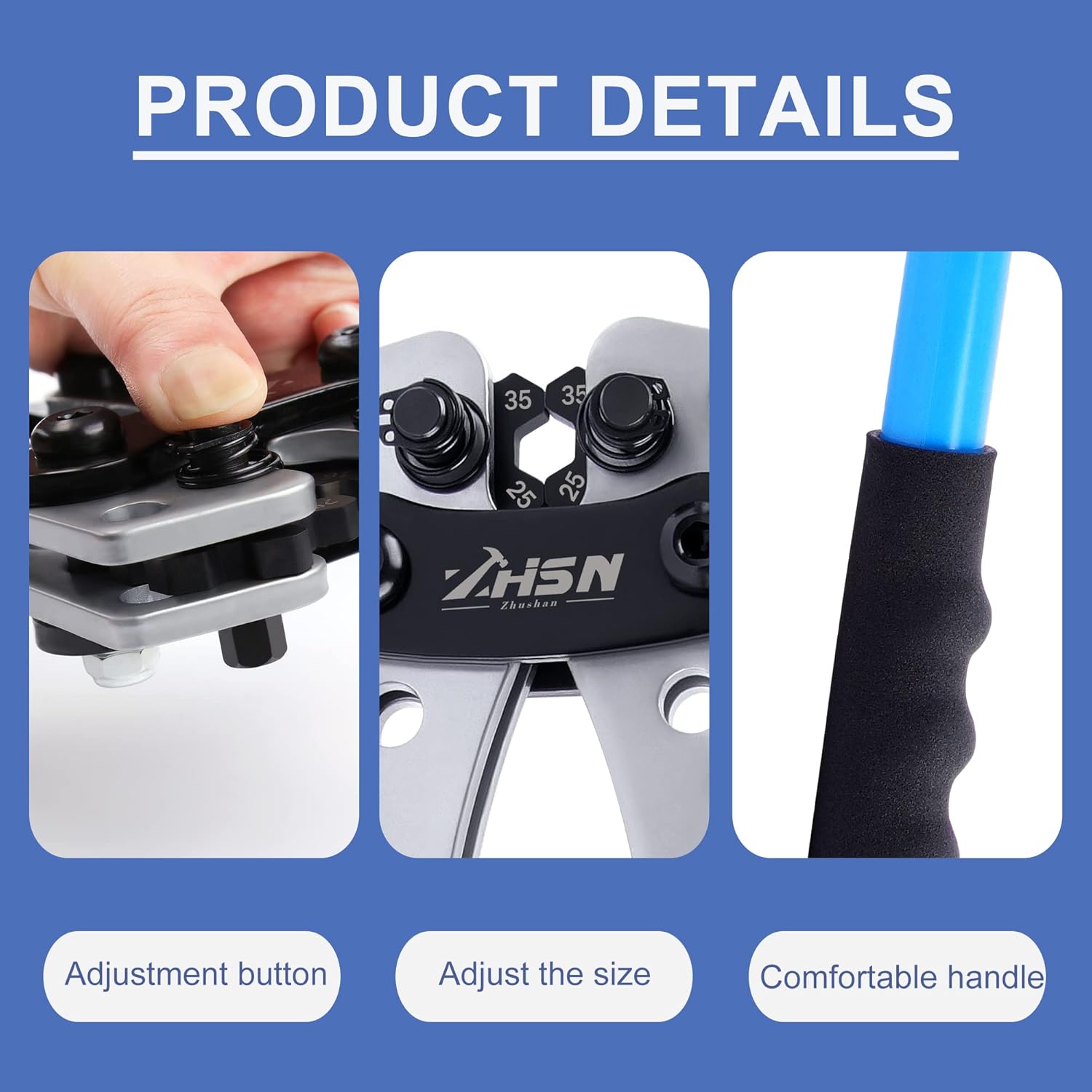 Zhushan Battery Cable Lug Crimping Tool Kit, Electrical Lug Crimper （10-1/0 AWG）with 60Pcs Copper Ring Terminals Set for Heavy Duty Wire Crimper for Battery Terminal