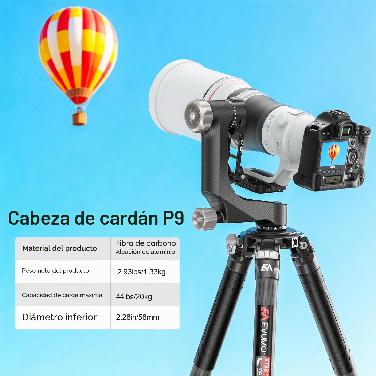 EVUMO P9 Cabezal de Trípode de Cardán, Gimbal Head de 360°, Cabezal Trípode Profesional de Fibra Carbono, con Placa de Liberación Rápida Arca-Swiss de 1/4'' y 3/8'', Carga Máxima 20kg para Cámara DSLR