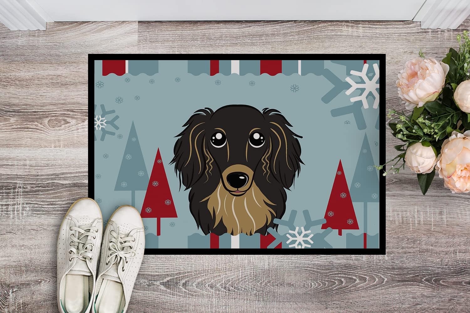 Caroline's Treasures BB1709JMAT Winter Holiday Longhair Black and Tan Dachshund Doormat 24x36 Front Door Mat Indoor Outdoor Rugs for Entryway, Non Slip Washable Low Pile, 24H X 36W