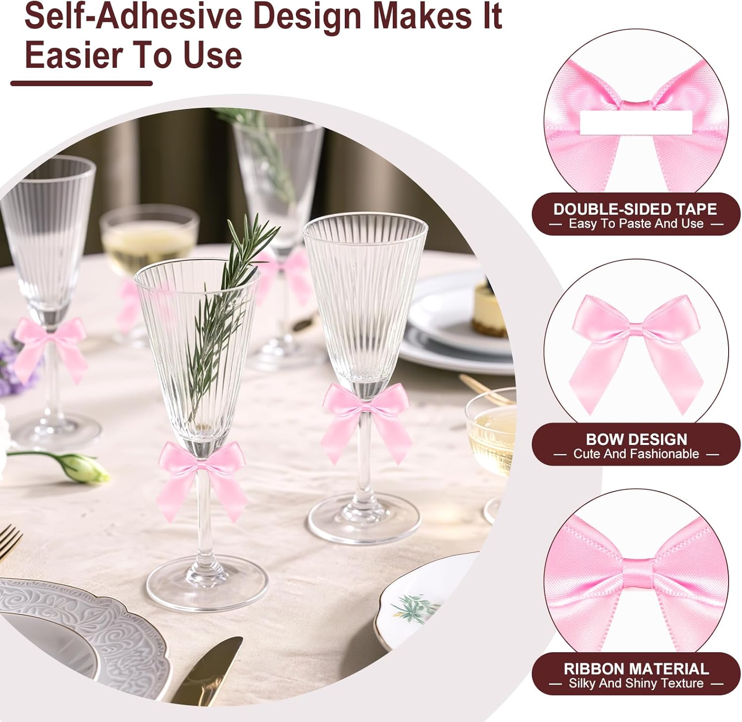 Pink Bow Satin Ribbon for Craft 2" Self Adhesive Premade Mini Bows for Gift Wrapping Crafts, Sewing, Scrapbooking, Weddings, DIY Party Baking Decoration - 50 Counts - Image 3