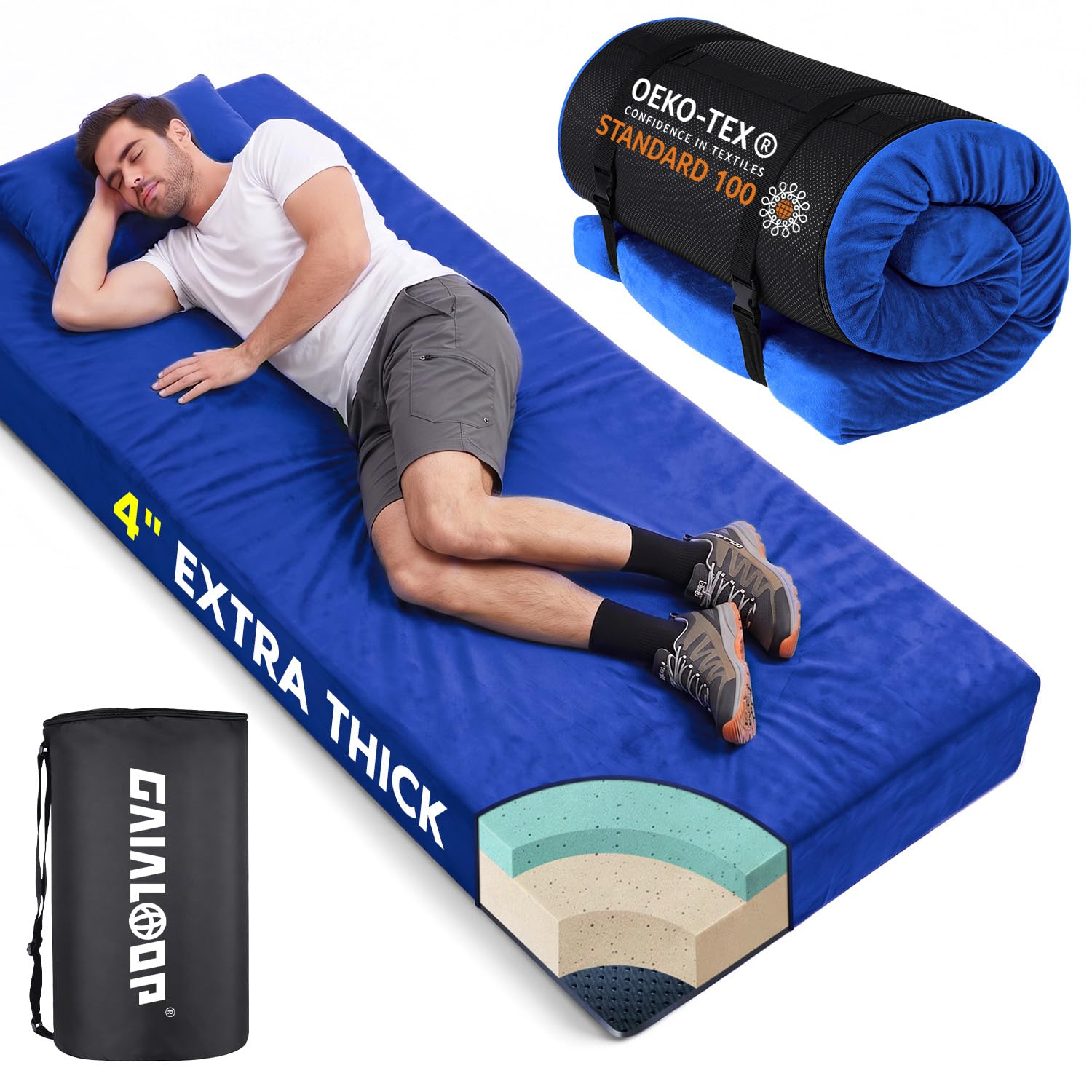 Memory Foam Camping Mattress, Extra Thick 4 Inch Pad, Twin, Lapis Blue