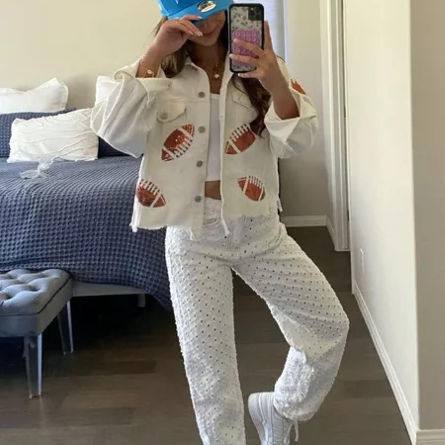 Xunger Women’s Football Corduroy Sequin Jacket Cropped Distresses Rugby Patched Shacket Coat - Image 3