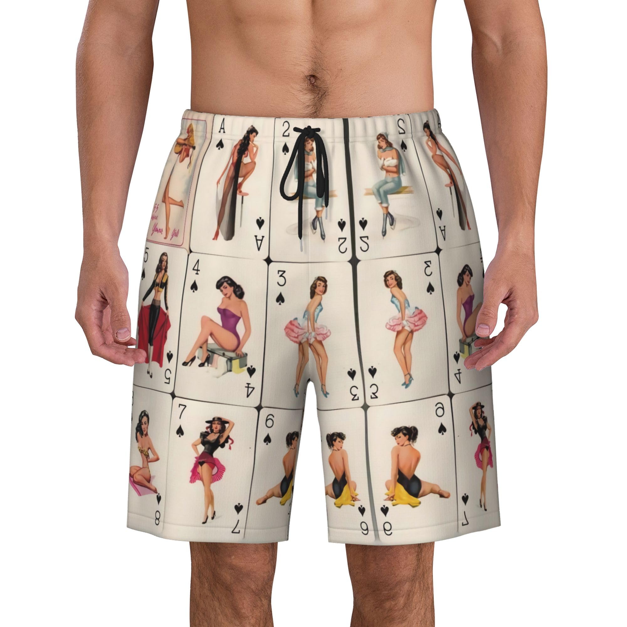 V LONVOY play card pinup girls Mens Swim Trunks Quick Dry Swim Shorts Swimwear Bathing Suits with Pockets Black