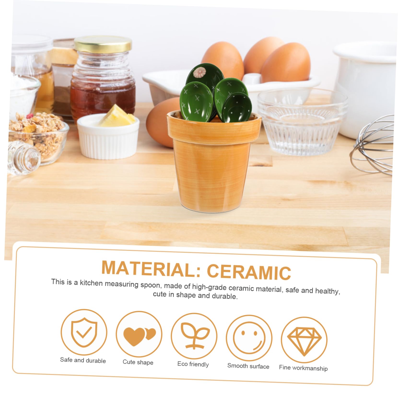Cucharas Medidoras de Cerámica Diseño Cactus 5 Piezas Tamaño Pequeño Material Cerámico Resistente Utensilios de Cocina para Medir Ingredientes Secos y Líquidos Uso Doméstico Base