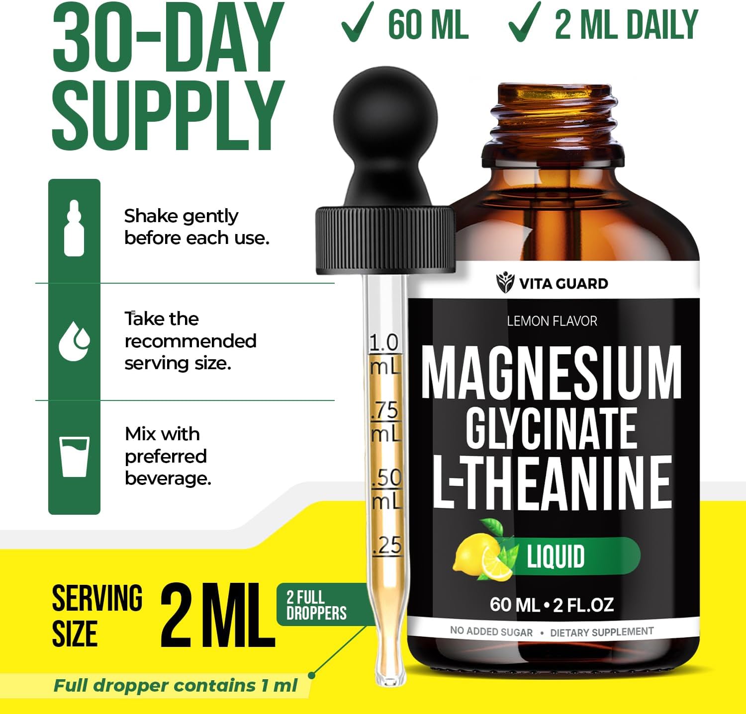 Vita Guard Magnesium Glycinate Liquid Drops 500mg – Liquid Magnesium Supplement with L-Theanine 200mg – Sleep, Calm, Stress Relief, Muscle & Nerve Health – Gluten Free, No Sugar, Vegan, 2 Fl Oz