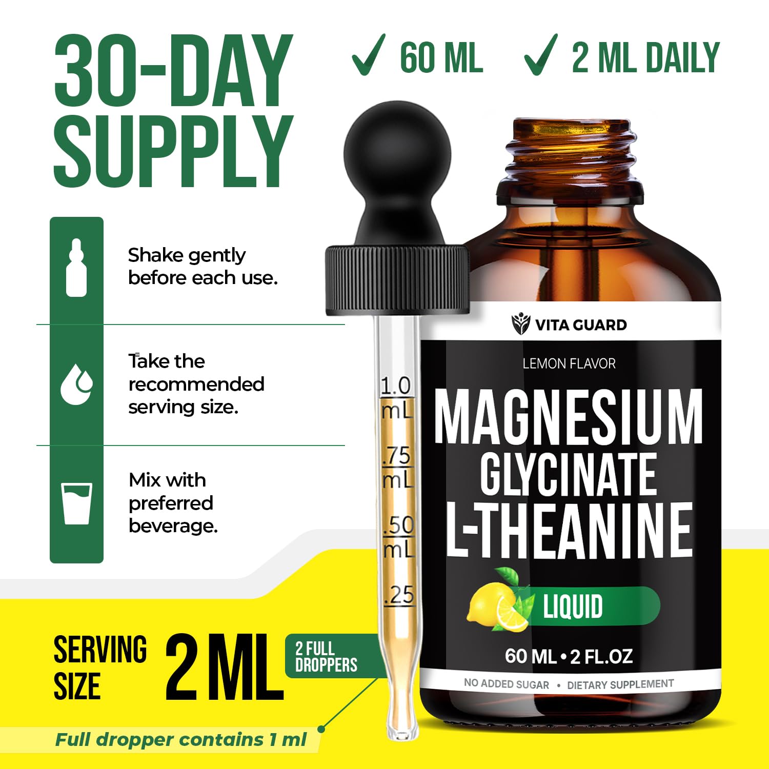 Vita Guard Magnesium Glycinate Liquid Drops 500mg – Liquid Magnesium with L-Theanine 200mg – Sleep, Calm, Stress Relief, Muscle & Nerve Health – Lemon Flavor, Gluten Free, No Sugar, Vegan, 2 Fl Oz — Amazon image 5
