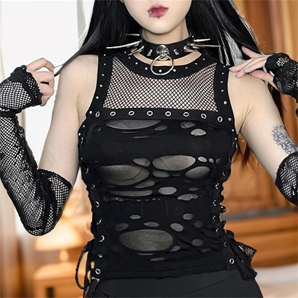 Twfsgirl Gothic Ripped Crop Tank Tops for Women Punk Black
