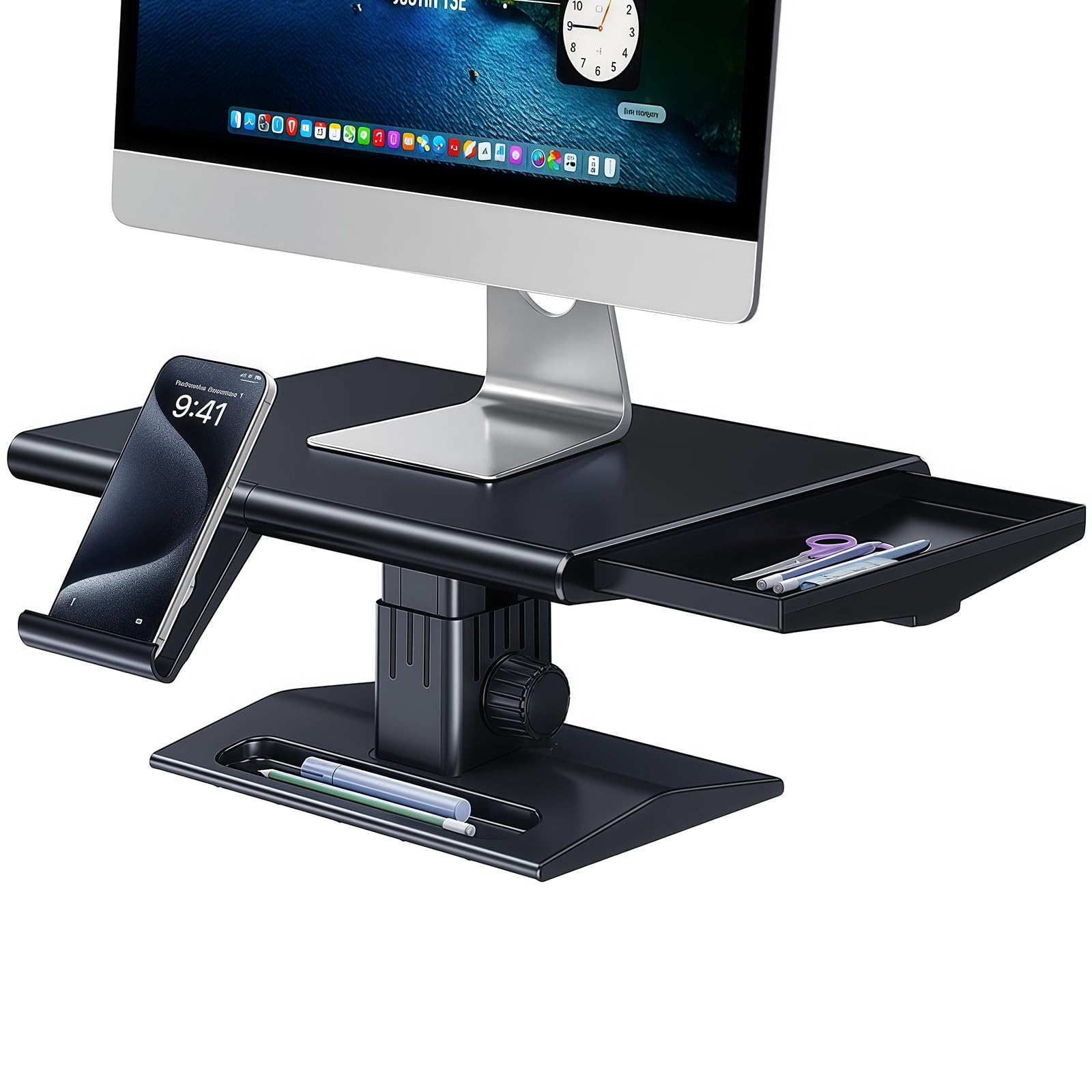 Supporto per monitor del computer, supporto regolabile in altezza con cassetto e supporto per telefono, supporto da scrivania per stampante, organizer da scrivania per ufficio e casa
