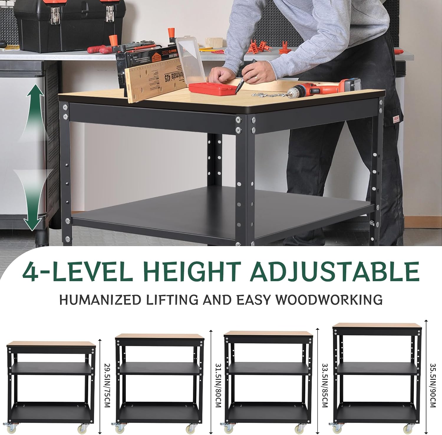 Planer Stand,Rolling Adjustable Planer Table, Heavy Duty Steel Workbench for Miter Saw, Table Saw, and Benchtop Power Tools, 500 lbs Capacity 3-Tier Tool Storage for Workshop & Garage