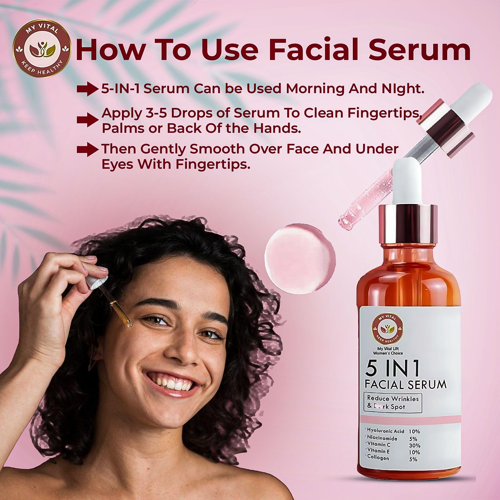 Face Serum 5-in-1 Anti-Aging Solution, Vitamin C, Hyaluronic Acid, and Vitamin E for Dark Spots Even Skin Tone, Fine Lines - Image 4