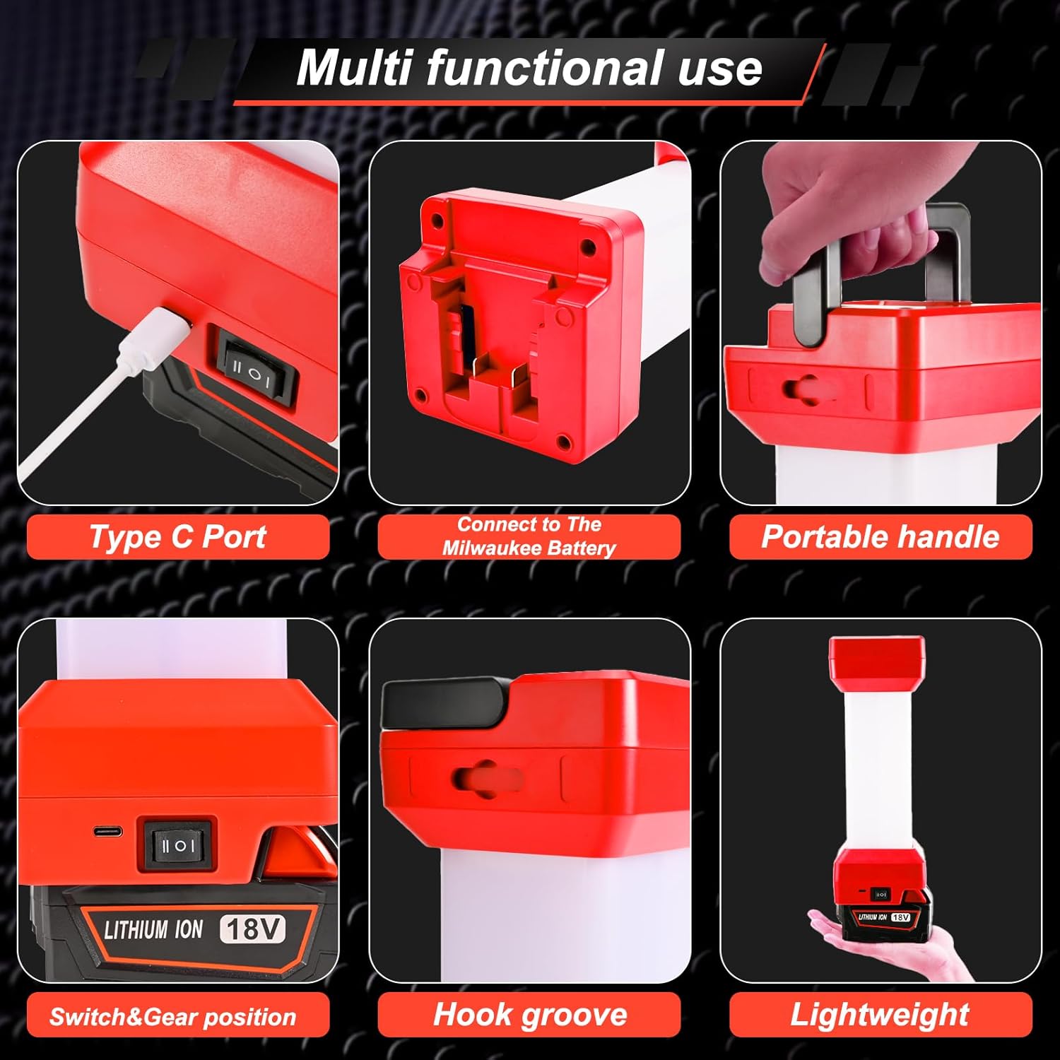 2900LM LED Work Light for Milwaukee m18 18v Battery Camping Light Flood Light w/USB & Type-C Charging Portable Light for Hiking Fishing Workshop with Low Voltage Protection (NO Battery)