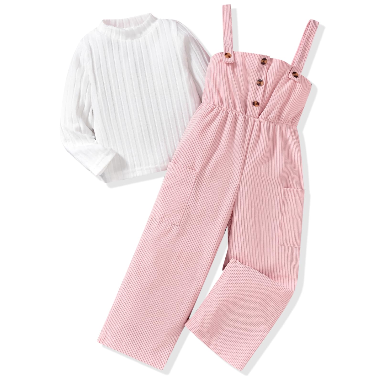 HINTINA Toddler Girl Corduroy Pinafore Overall Jumpsuit 2 Pieces Outfits