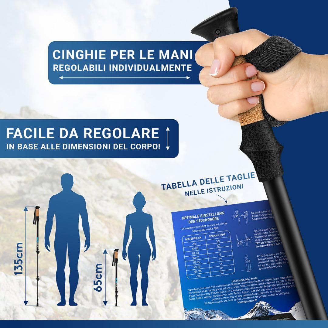 Bastoni da trekking & Nordic Walking – Bastoni telescopici da trekking con set di cuscinetti in gomma – Bastoni da trekking per uomo e donna – extra leggeri e regolabili con manico in vero sughero
