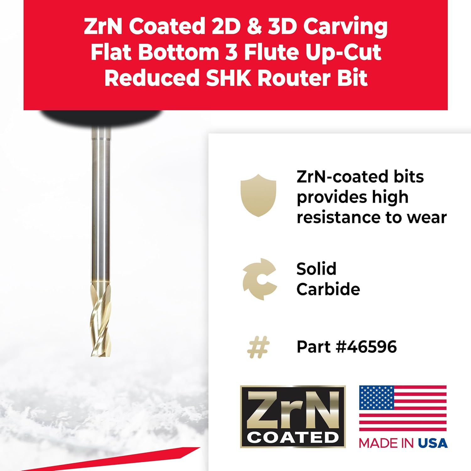 Amana Tool Extra Long CNC 2D and 3D Carving Flat Bottom 0.10 Deg Straight Router Bit, ZrN Coated, 46596, 1/2 Dia x 1-1/4 x 1/2 Shk x 7 Inch L x 3 Fl