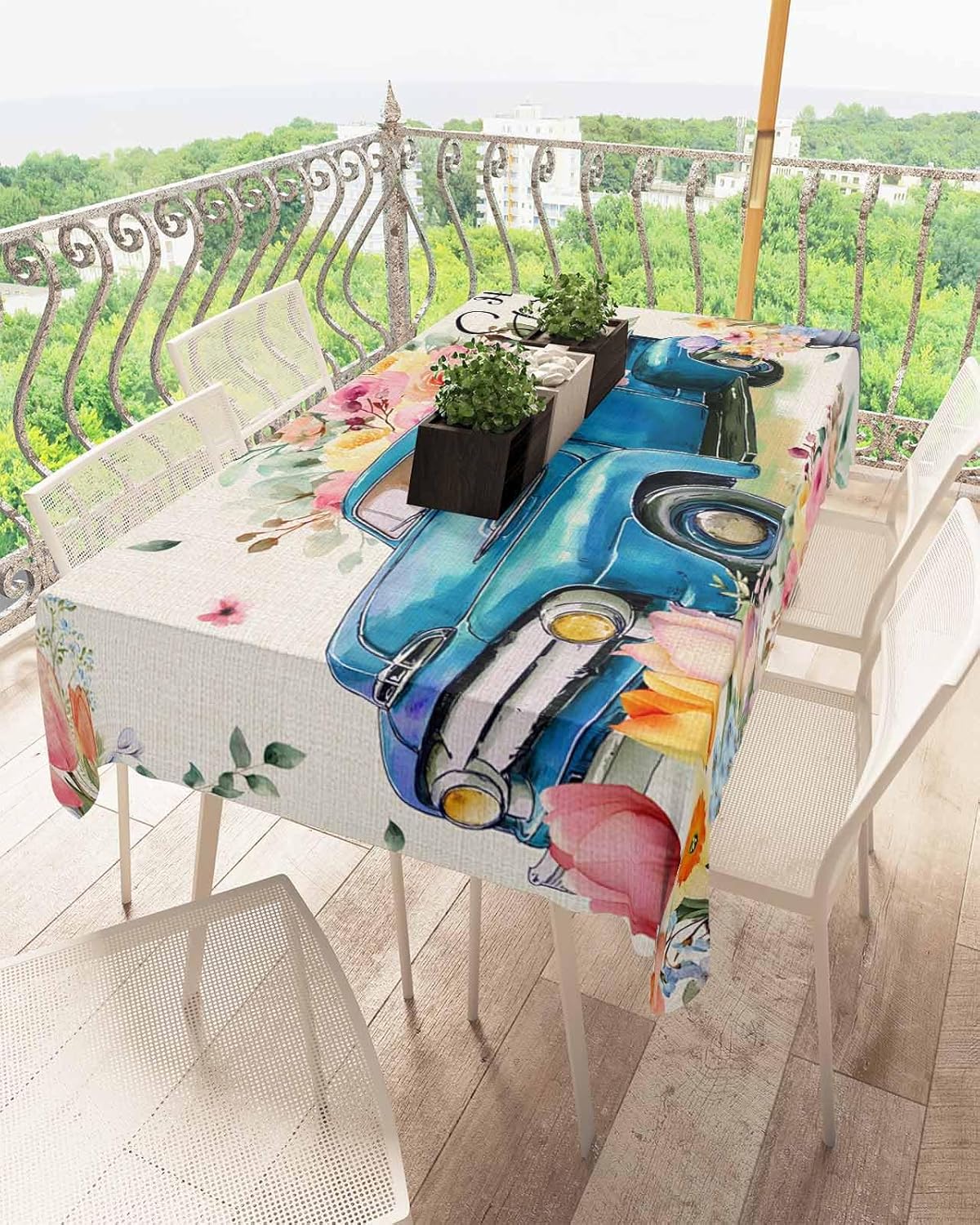 Tablecloths for Rectangle Tables 54x108 Inch, Waterproof Washable Polyester Tablecover Hello Spring Blue Truck and Spring Flowers Burlap Texture Spillproof Wrinkle Free Table Cloth for Kitchen
