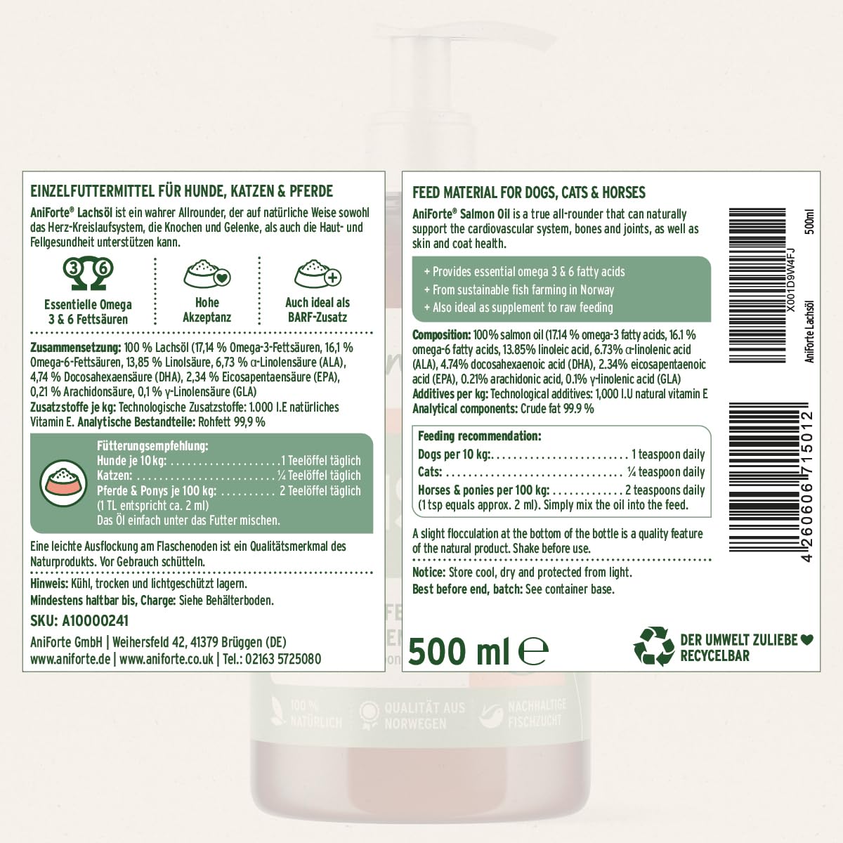 AniForte Barf-Öl Set 3 je 500ml Bio Hanfsamenöl, Lachsöl & Leinöl für Hunde & Katzen – Barf Zusatz Öle, kaltgepresst & natürlich ohne Zusätze, Barföl reich an Omega 3 & 6 Fettsäuren, Futter Zusatz