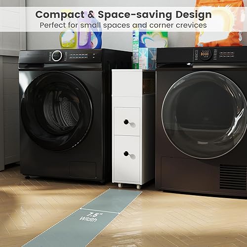 Miniatura 6 de Tangkula Slim Bathroom Storage Cabinet, Movable Narrow Toilet Side Cabinet w/2 Slide Out Drawers, 2 Rattan Baskets & Shelves, Toilet Paper Holder on