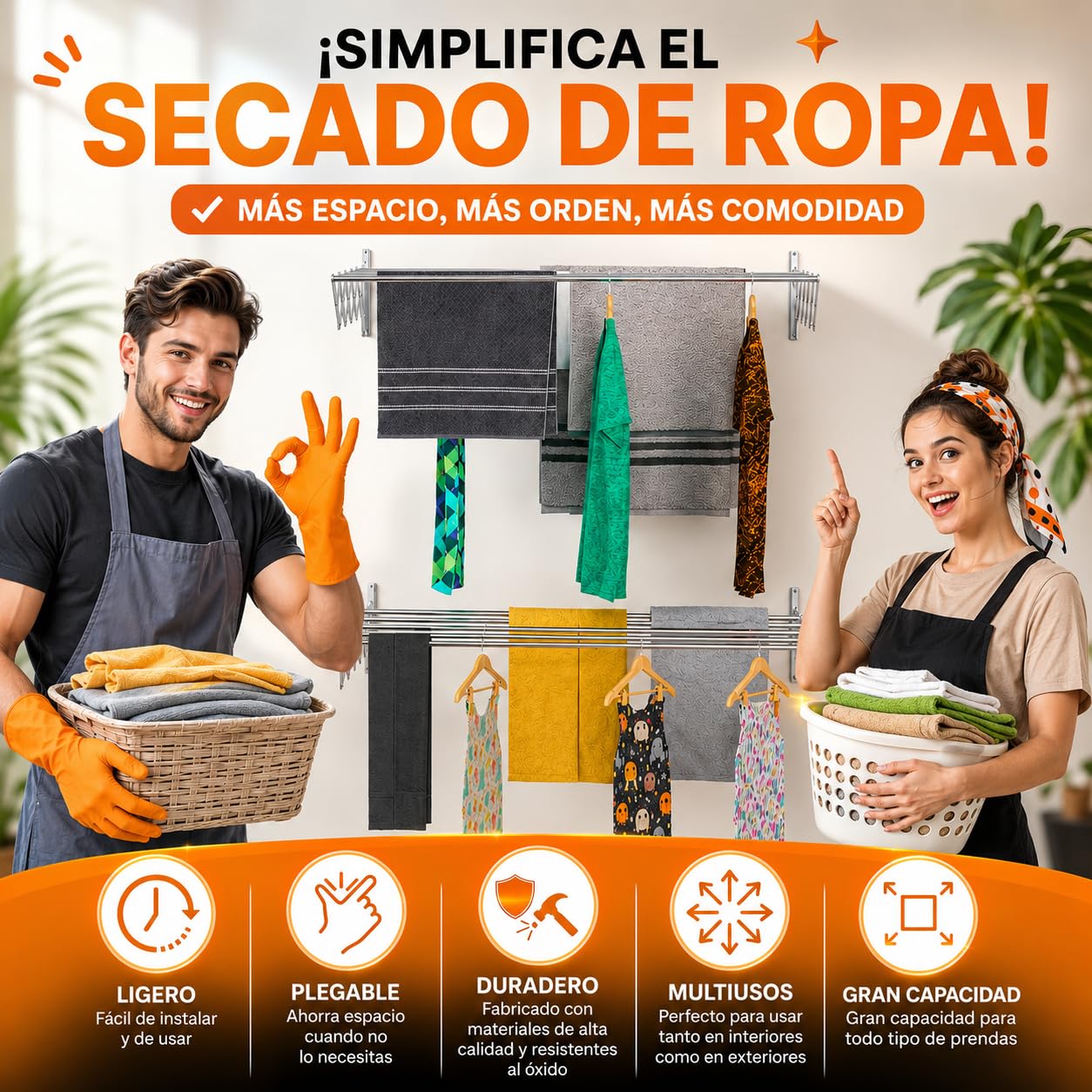 TEHORNEO Tendedero Extensible Pared 140 cm, Tendedero Pared Acero Inoxidable, Tendederos Plegables de Pared, Tendedero Retractil, Tendal Extensible para Interior y Exterior, 30 kg Capacidad (140 cm)