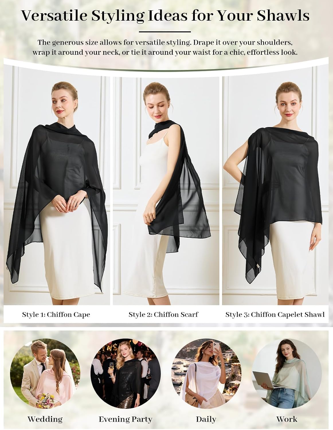 Chiffon Cape Shawl Wrap Scarf 3 Ways to Wear Elegant Sheer Capelet for Evening Dresses Weddings Parties