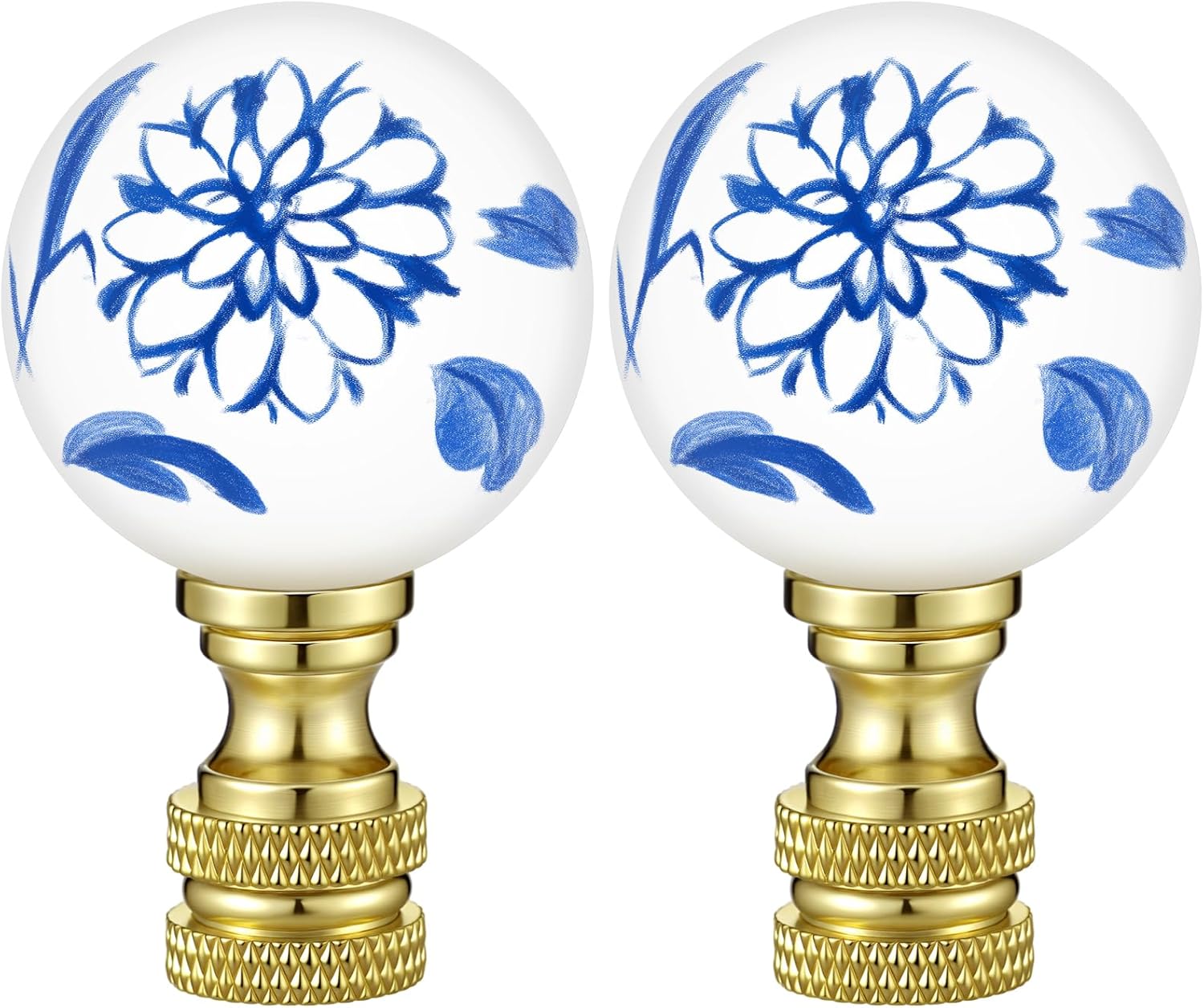 Retisee 2 Pcs 1.2 Inch Blue and White Porcelain Floral Ball Finials for Lamps Thread Size 1/4-27 Finial Lamp Shade Top Screw Lamp Topper Knob Ceramic Decorative Chinoiserie Finials Polished Brass Base